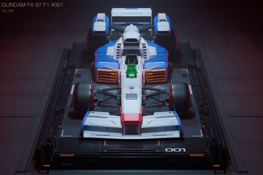 3d blender_(medium) car f1 ground_vehicle gundam highres mobile_suit_gundam motor_vehicle no_humans race_vehicle racecar rx-78-2 solo spoiler_(automobile) vehicalization vehicle_focus vehicle_name walter_kim wheel