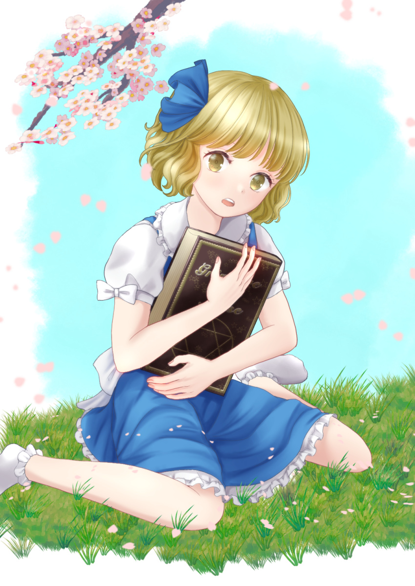 1girl alice_margatroid alice_margatroid_(pc-98) blonde_hair blouse blue_bow blue_ribbon blue_sky book bow cherry_blossoms day grass hair_bow hair_ornament hair_ribbon highres kyabekko open_mouth outdoors ribbon short_hair short_sleeves sitting skirt sky solo suspenders touhou wariza white_blouse yellow_eyes younger