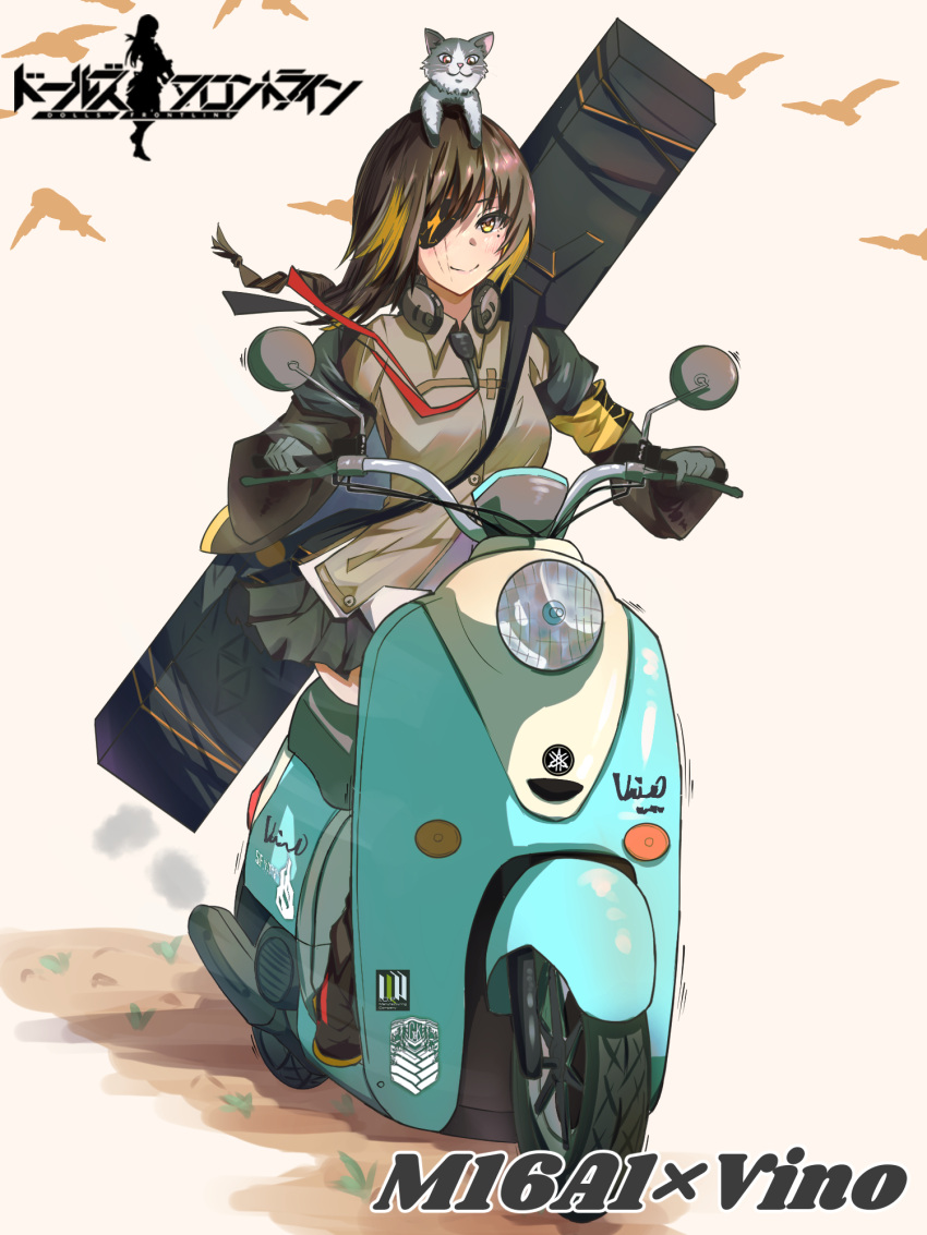 1girl bangs black_jacket black_skirt blush braid braided_ponytail breasts brown_hair cat character_name closed_mouth eyebrows_visible_through_hair eyepatch girls'_frontline gloves grey_gloves ground_vehicle headphones headphones_around_neck highres jacket lips long_hair looking_at_viewer m16a1_(girls'_frontline) mole mole_under_eye moped motor_vehicle multicolored_hair open_clothes open_jacket r9k1 scar scar_on_face scooter shirt simple_background sitting skirt small_breasts smile solo weapon_case yellow_eyes yellow_shirt