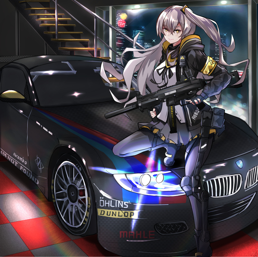 1girl absurdres bangs black_footwear black_gloves black_jacket black_legwear black_ribbon black_skirt boots building car cityscape closed_mouth eyebrows_visible_through_hair fingerless_gloves girls'_frontline gloves grey_hair ground_vehicle gun h&amp;k_ump h&amp;k_ump45 hair_ornament hairclip highres holding holding_gun holding_weapon hood hooded_jacket jacket knee_pads light_brown_eyes lips long_hair looking_at_viewer motor_vehicle neck_ribbon night night_sky open_clothes open_jacket pantyhose r9k1 ribbon scar scar_across_eye shirt side_ponytail skirt sky smile solo sports_car standing standing_on_one_leg submachine_gun ump45_(girls'_frontline) weapon white_shirt