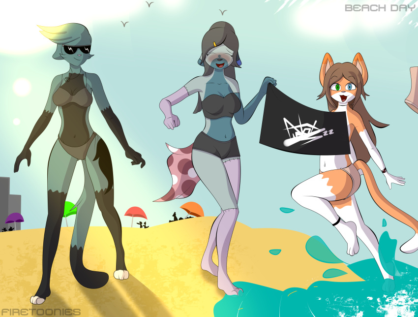 absurd_res accidental_exposure anthro beach beach_umbrella bikini black_body black_fur black_nose blue_eyes brown_hair clothing detailed_background domestic_cat embarrassed eyewear felid feline felis female female/female firenox1559 fur galia_(firenox1559) green_body green_eyes grey_(firenox1559) grey_hair group hair heterochromia hi_res hybrid jumping light long_hair long_tail looking_at_viewer looking_away mammal markings pink_body pink_fur pink_nose sand sea seaside smile spots spotted_markings spotted_tail standing sunglasses sunlight swimwear tail_markings tattoo tiffany_bellic(firenox1559) trio water white_body white_fur