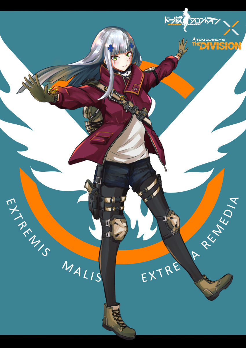 1girl absurdres alternate_costume bangs black_legwear blue_hair blue_shorts blush boots brown_footwear brown_gloves closed_mouth copyright_name eyebrows_visible_through_hair full_body girls'_frontline gloves green_eyes hair_ornament hairclip highres hk416_(girls'_frontline) holstered_weapon jacket knee_pads long_hair looking_at_viewer open_clothes open_jacket pantyhose r9k1 red_jacket shirt shorts simple_background solo standing teardrop_facial_mark teardrop_tattoo tom_clancy's_the_division white_shirt