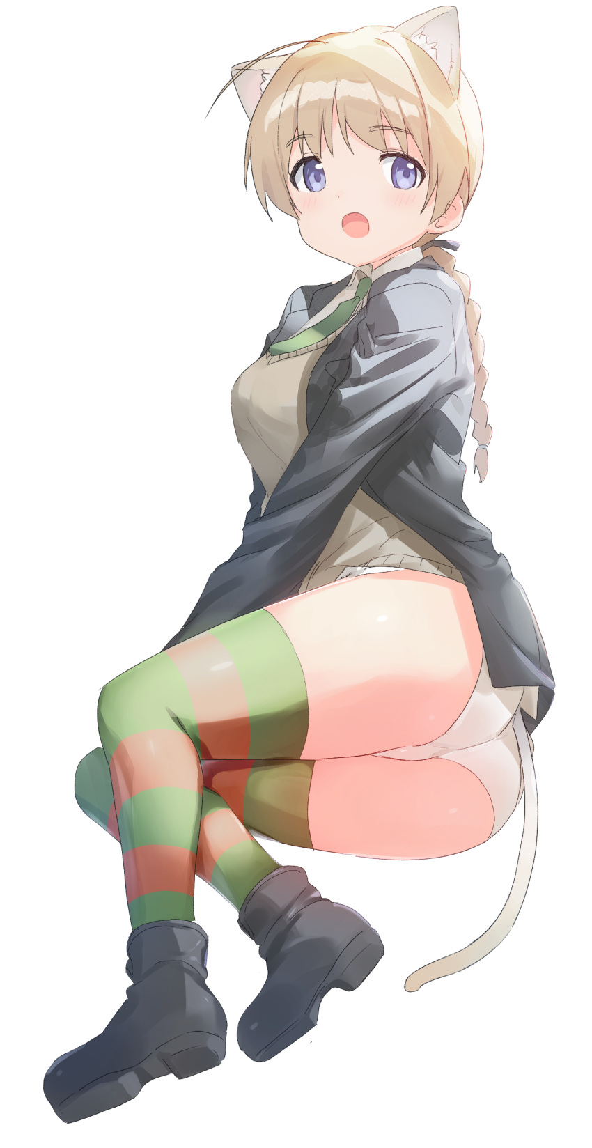 1girl absurdres ahoge animal_ear_fluff animal_ears arm_support ass black_footwear black_jacket blonde_hair blue_eyes blush cat_ears cat_tail green_necktie highres jacket long_braid looking_at_viewer lynette_bishop mejina necktie open_mouth panties solo strike_witches striped striped_legwear tail tan_sweater thighhighs thighs underwear white_background white_panties world_witches_series