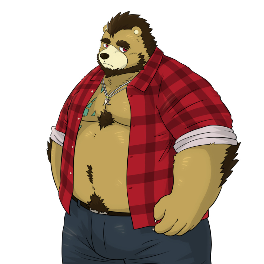 1:1 2019 anthro beard belly big_belly black_nose bottomwear brown_body brown_fur clothed clothing facial_hair fur hi_res kemono male mammal moobs mtflying30371 open_clothing open_shirt open_topwear overweight overweight_male pants shirt simple_background solo topwear ursid white_background
