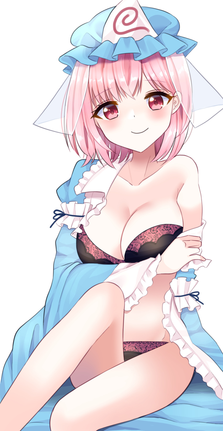 1girl absurdres bare_shoulders black_bra black_panties blue_headwear blush bra breasts cleavage collarbone eyebrows_visible_through_hair frills hat highres japanese_clothes large_breasts long_sleeves looking_at_viewer mob_cap navel off_shoulder panties pink_eyes pink_hair saigyouji_yuyuko short_hair simple_background sitting smile solo stigma1101 touhou triangular_headpiece underwear white_background