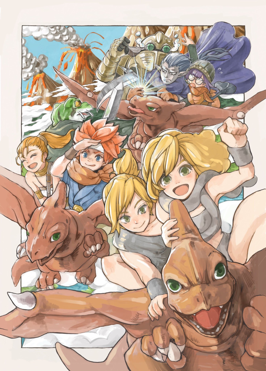 3girls ayla_(chrono_trigger) bare_shoulders blonde_hair blue_eyes breasts choker chrono_trigger crono_(chrono_trigger) dinosaur frog_(chrono_trigger) glasses headband helmet highres jewelry kino_(chrono_trigger) long_hair looking_at_viewer lucca_ashtear magus_(chrono_trigger) marle_(chrono_trigger) multiple_girls open_mouth ponytail purple_hair red_hair robo_(chrono_trigger) scarf short_hair smile uzutanco