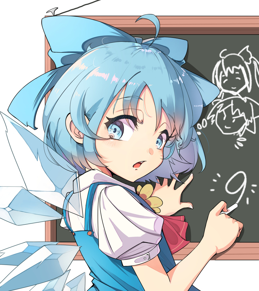 1girl :o absurdres ahoge ascot bangs blue_bow blue_eyes blue_hair bow chalk chalkboard cirno crystal_wings english_commentary eyelashes highres looking_back open_mouth parted_bangs shadow shiny shiny_hair shirt short_sleeves simple_background solo teeth touhou upper_body upper_teeth white_background white_shirt ylong