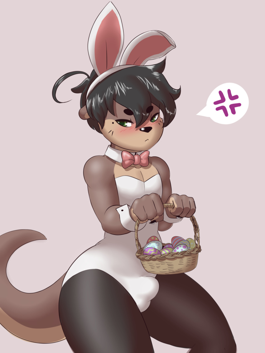 2022 3:4 ahoge anthro basket black_clothing black_hair black_legwear black_nose blush brown_body brown_fur bulge bunny_costume choker clothing container costume cross-popping_vein easter easter_egg fake_ears fake_rabbit_ears front_view frown fur girly green_eyes green_pupils hair half-closed_eyes hi_res holding_basket holding_container holding_object holidays jewelry legwear leotard looking_away lutrine male mammal mr-shin mustelid narrowed_eyes necklace pupils river_otter shin_(mr-shin) solo speech_bubble tan_body tan_fur tight_clothing white_choker white_clothing white_jewelry white_leotard white_necklace