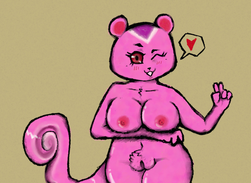 &lt;3 alekoin animal_crossing anthro big_breasts breasts chubby_female female flirting flirting_with_viewer fur genitals gesture hi_res looking_at_viewer mammal markings nintendo nipples peanut_(animal_crossing) pink_body pink_eyes pink_fur pink_nipples pink_skin plump_labia purple_markings pussy rodent sciurid seductive shaded slightly_chubby smile solo thick_thighs v_sign video_games white_markings
