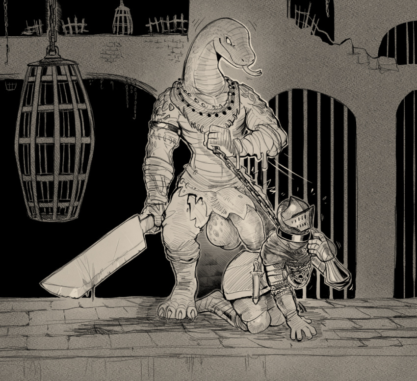 anthro anthro_dominating_human armor asphyxiation balls bandage bandaged_arm big_balls big_penis chain chain_leash claws clothed clothing daftpatriot dark_souls digital_media_(artwork) digitigrade dominant dominant_anthro duo feet flaccid forked_tongue fromsoftware genitals headgear helmet holding_leash holding_object holding_weapon human human_on_anthro humanoid_genitalia humanoid_penis interspecies leash leash_pull male male/male mammal manserpent melee_weapon monochrome penis reptile scalie size_difference snake snake_tongue submissive submissive_human sword toe_claws tongue video_games weapon