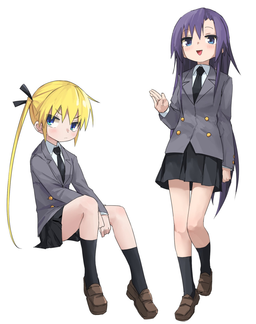 2girls :d arm_at_side bangs black_legwear black_necktie black_ribbon black_skirt blazer blonde_hair blue_eyes blush brown_footwear closed_mouth collared_shirt eyebrows_visible_through_hair frown goshiki_agiri grey_jacket hair_ribbon hand_up happy highres invisible_chair jacket kill_me_baby loafers long_hair long_sleeves miniskirt multiple_girls necktie open_mouth pleated_skirt purple_hair ribbon school_uniform shirt shoes simple_background sitting skirt smile socks sonya_(kill_me_baby) standing twintails very_long_hair waving white_background white_shirt yachima_tana