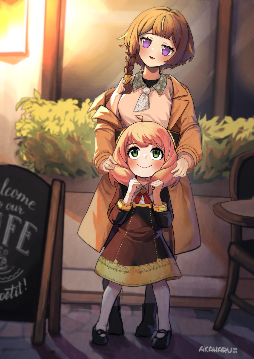 2girls absurdres ahoge akaharuu ankle_boots anya_(spy_x_family) anya_melfissa black_footwear blush boots braid brown_coat brown_hair cafe chair coat crossover green_eyes height_difference highres hololive long_sleeves looking_up mary_janes multiple_girls namesake official_alternate_costume open_clothes open_coat pink_hair pink_shirt purple_eyes sandwich_board shadow shirt shoes short_hair side_braid smile spy_x_family table two-tone_dress virtual_youtuber