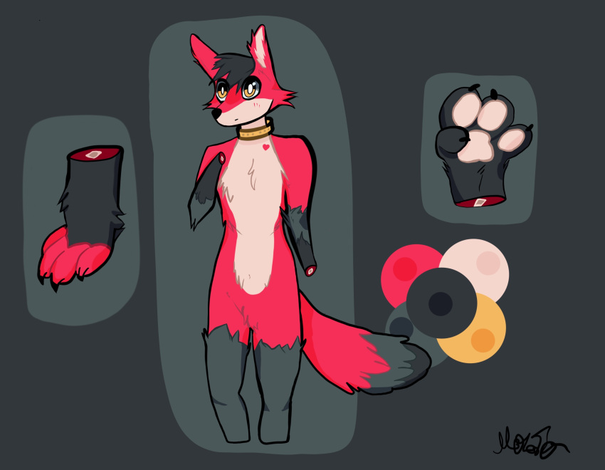 afo anthro black_head_tuft black_tail_tip canid canine collar fox fur gore heart_(marking) hi_res male mammal pawpads pied_crow_(artist) red_body red_ears red_fur red_tail solo white_chest white_inner_ear white_pawpads yellow_eyes