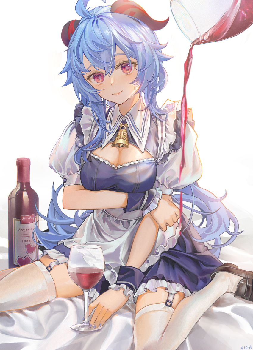 1girl absurdres ahoge alternate_costume apron arm_grab arrrrrry1 bangs bell black_footwear blue_dress blue_hair blue_nails bottle breast_hold breasts cleavage_cutout clothing_cutout commentary_request cowbell cup curled_horns detached_sleeves dress drinking_glass enmaided fingernails frilled_apron frilled_dress frills ganyu_(genshin_impact) garter_straps genshin_impact goat_horns head_tilt heart highres horns light_smile loafers long_hair looking_at_viewer low_ponytail maid maid_apron medium_breasts nail_polish neck_bell pouring pouring_onto_another puffy_short_sleeves puffy_sleeves purple_eyes shoes short_sleeves simple_background sitting solo thighhighs waist_apron wariza white_apron white_background white_legwear wine_bottle wine_glass