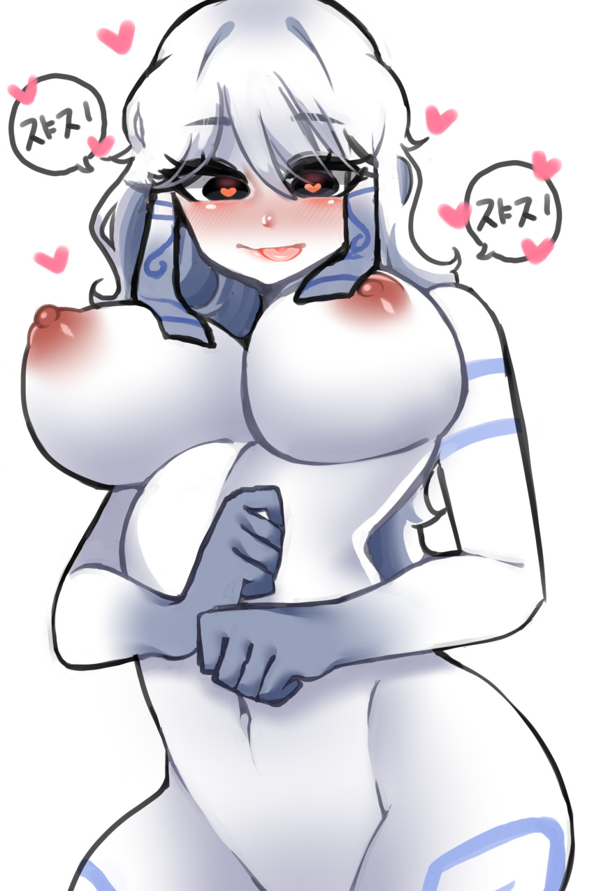 &lt;3 &lt;3_eyes 2:3 absurd_res anthro areola belly big_breasts blush bovid breasts caprine domestic_sheep eyebrows female fur hair hi_res japanese_text kindred_(lol) lamb_(lol) league_of_legends long_hair looking_at_viewer mammal midriff navel nipples nude photo_wrapper_(artist) puffy_areola riot_games sheep simple_background solo speech_bubble text tongue tongue_out video_games white_background white_body white_fur white_hair wide_hips