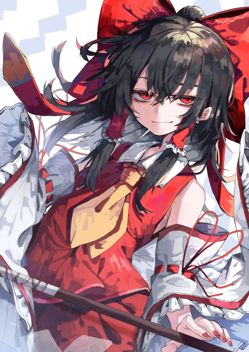 1girl absurdres ascot bangs black_hair bow closed_mouth detached_sleeves hair_bow hair_tubes hakurei_reimu highres holding looking_at_viewer medium_hair muraryo nontraditional_miko red_bow red_eyes red_nails red_shirt red_skirt ribbon-trimmed_sleeves ribbon_trim shirt simple_background skirt smile smug solo touhou white_background wide_sleeves yellow_ascot