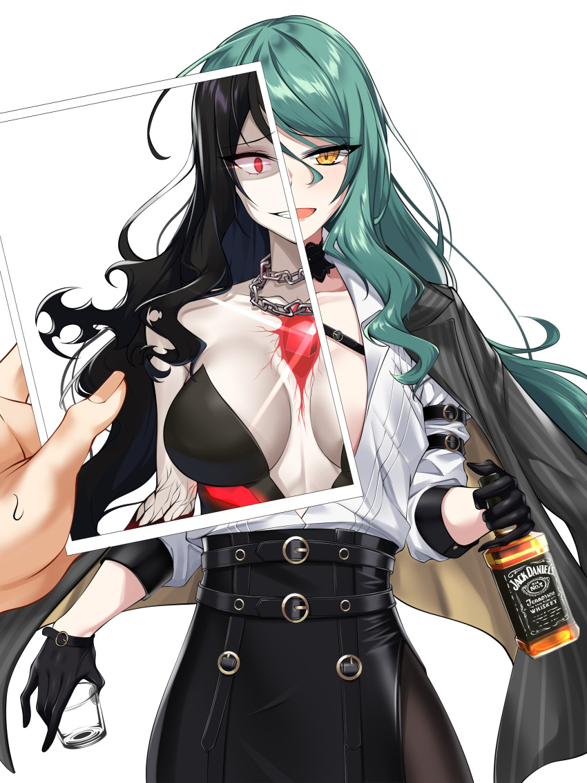 :d absurdres alcohol arm_belt bangs belt_buckle black_choker black_gloves black_hair black_legwear black_skirt bottle breasts buckle chain_necklace chest_jewel chest_strap choker cleavage coat coat_on_shoulders collarbone collared_shirt corruption counter:side cowboy_shot cup drinking_glass dual_persona elze_(s01047480836) empty_eyes evil_grin evil_smile eyebrows_visible_through_hair furrowed_brow glass_bottle glint gloves green_hair grin hair_between_eyes half_gloves highres holding holding_bottle holding_cup holding_photo jack_daniel's korean_commentary lapel long_hair looking_at_viewer medium_breasts ministra open_clothes open_shirt pale_skin pantyhose parted_bangs parted_lips partially_unbuttoned photo_(object) pinstripe_pattern pov pov_hands product_placement red_eyes rita_arsenico shaded_face shiny shiny_hair shirt side_slit sidelocks simple_background single_bare_shoulder skirt sleeves_past_elbows smile smug split_theme spoilers striped sweatdrop swept_bangs tsurime wavy_hair whiskey white_background wide-eyed yellow_eyes