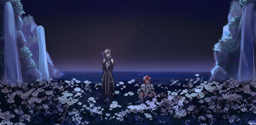 1boy 1girl bangs bare_shoulders brown_hair detached_sleeves dress field flower flower_field gloves hair_over_one_eye highres holding holding_weapon horizon long_hair luke_fon_fabre mountain night night_sky ocean red_hair sky sleeveless sleeveless_dress staff tales_of_(series) tales_of_the_abyss tear_grants weapon yacht_king