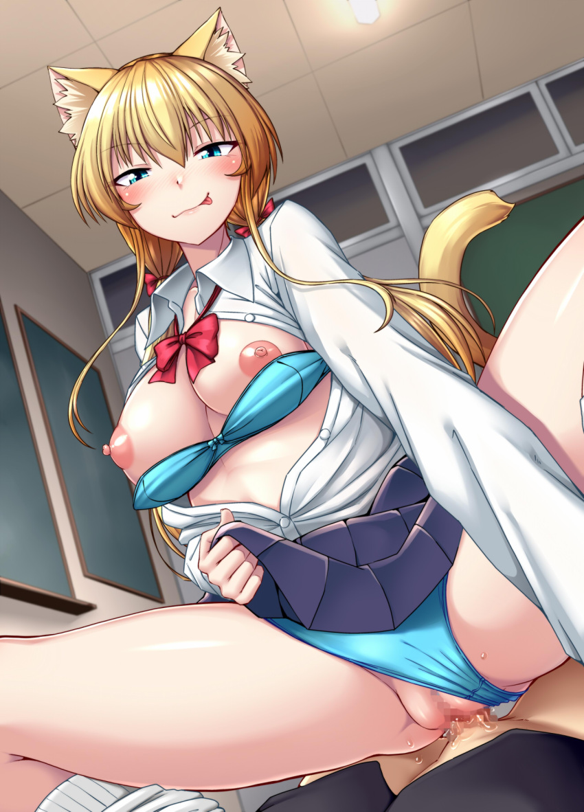 1boy 1girl :p animal_ears bangs blonde_hair blue_bra blue_panties blush bra breasts cat_ears cat_tail censored clothes_lift clothing_aside commentary_request cowgirl_position hetero highres lifted_by_self long_hair looking_at_viewer loose_socks mosaic_censoring nipples nokoppa original panties panties_aside pleated_skirt pov pussy pussy_juice school_uniform sex skirt skirt_lift smile spread_legs straddling tail tongue tongue_out twintails underwear vaginal white_legwear