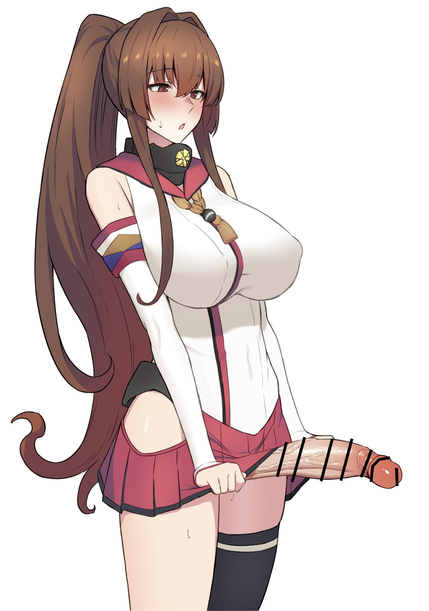 1girl absurdres bar_censor blush breasts brown_eyes brown_hair censored cleavage clothes_lift collar collarbone detached_sleeves erection futanari hair_intakes highres huge_breasts kantai_collection long_hair looking_at_viewer metal_collar pleated_skirt red_skirt simple_background skirt skirt_lift solo takaman_(gaffe) very_long_hair white_background yamato_(kancolle)