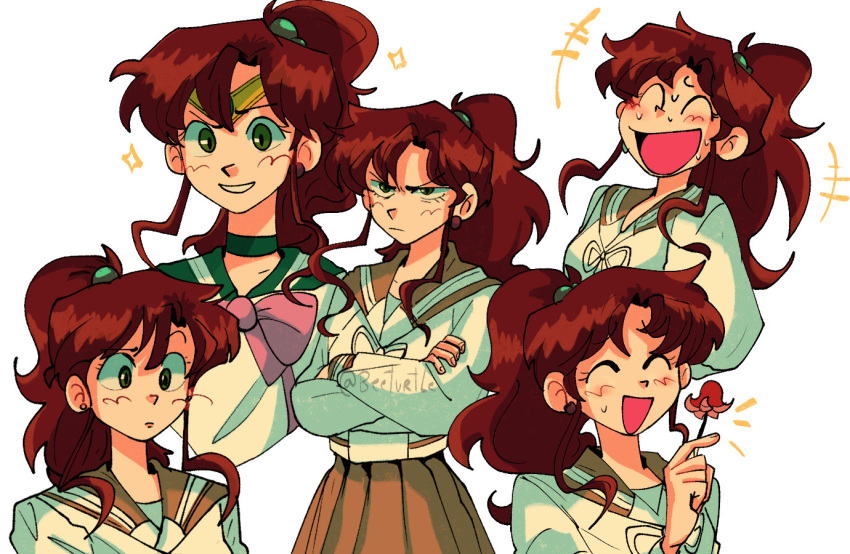 1girl beeturtle1 bishoujo_senshi_sailor_moon brown_hair choker expressions green_choker green_eyes green_sailor_collar inner_senshi kino_makoto kino_makoto's_school_uniform multiple_views ponytail sailor_collar sailor_jupiter sailor_senshi sailor_senshi_uniform school_uniform