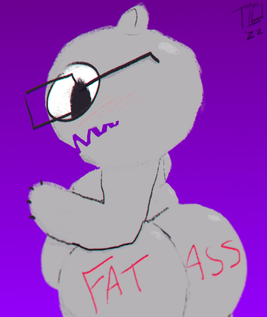 ambiguous_gender anthro big_butt body_writing butt chromatic_aberration embarrassed eyewear eyewear_only glasses glasses_only hi_res mammal modified_bear nude radiohead sharp_teeth simple_background solo solo_focus teeth thisisntokayyy ursid