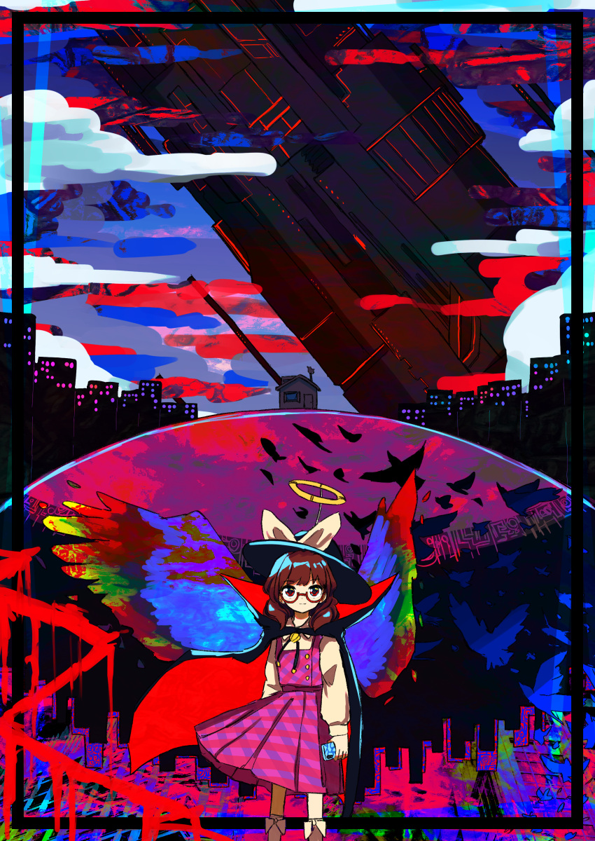 1girl absurdres arms_at_sides bird black_cape black_headwear bow brown_hair building cape closed_mouth cloud collared_shirt commentary eyebrows_visible_through_hair fake_halo feet_out_of_frame glasses halo hat hat_bow highres holding holding_phone house light_smile long_sleeves looking_at_viewer medium_hair multicolored_wings neruzou phone plaid plaid_skirt plaid_vest purple_skirt purple_vest red-framed_eyewear red_cape red_eyes semi-rimless_eyewear shirt skirt skirt_set skyscraper socks solo structure touhou two-sided_cape two-sided_fabric usami_sumireko vest white_bow white_legwear white_shirt wings