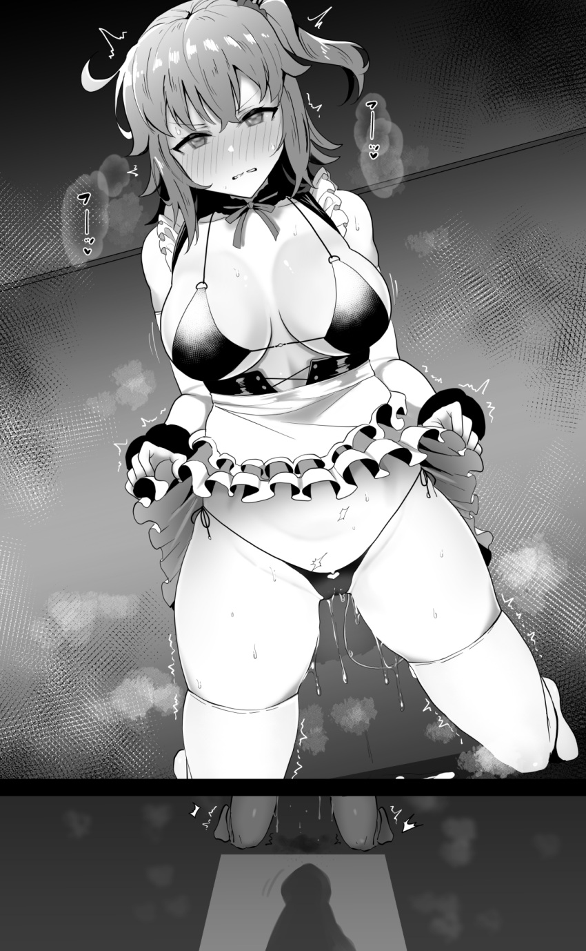 1girl ahoge ahoge_wag bangs bare_shoulders bikini blush breasts cleavage clenched_teeth collarbone expressive_hair fate/grand_order fate_(series) fujimaru_ritsuka_(female) greyscale highres large_breasts looking_at_viewer monochrome navel one_side_up pussy_juice short_hair solo sweat swimsuit teeth thighhighs thighs wakamochi-ta