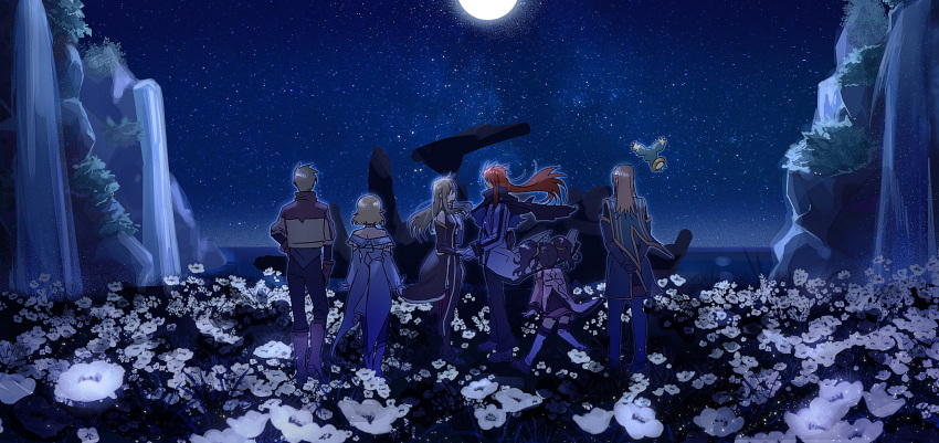 3boys 3girls anise_tatlin bangs bare_shoulders black_hair blonde_hair boots brown_hair detached_sleeves dress field flower flower_field gloves guy_cecil highres holding_hands horizon jacket jade_curtiss long_hair looking_at_another luke_fon_fabre mieu moon moonlight mountain multiple_boys multiple_girls natalia_luzu_kimlasca_lanvaldear night night_sky ocean red_hair short_hair sky sleeveless sleeveless_dress tales_of_(series) tales_of_the_abyss tear_grants yacht_king