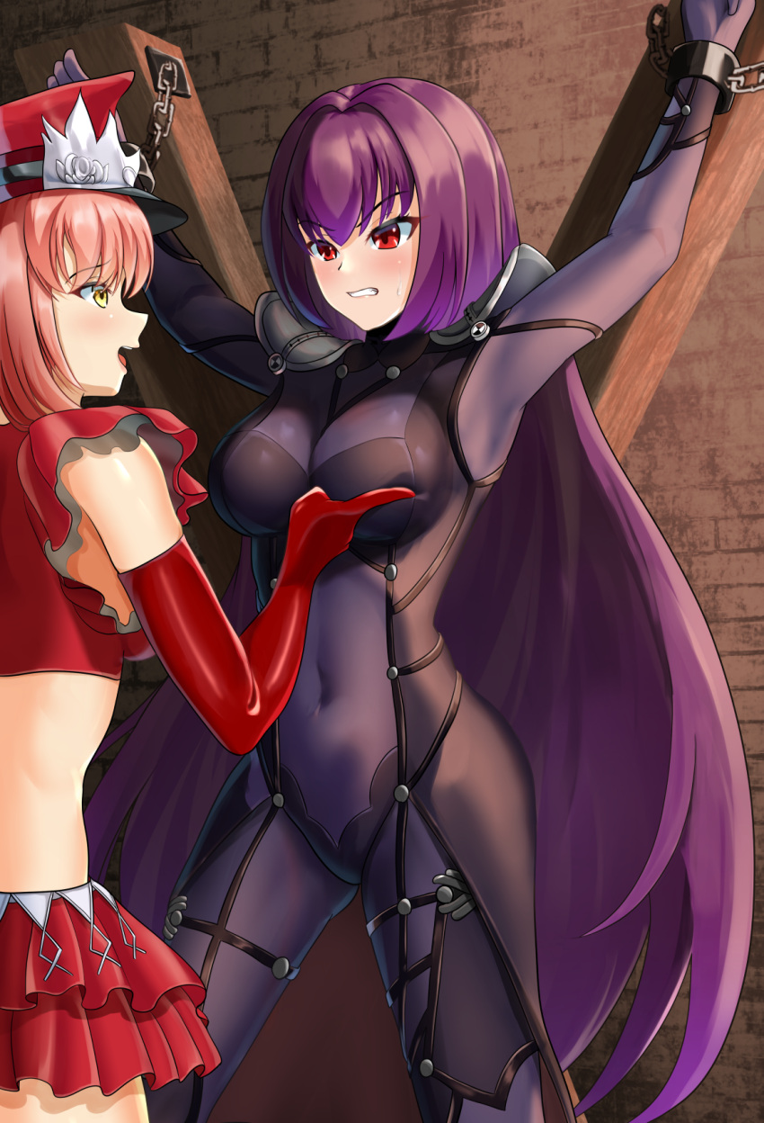 2girls bdsm bodysuit bondage bound breasts covered_navel dorachan_r elbow_gloves fate/grand_order fate_(series) gloves hair_intakes hat highres large_breasts long_hair medb_(alluring_chief_warden_look)_(fate) medb_(fate) multiple_girls peaked_cap pink_hair purple_bodysuit purple_hair red_eyes red_gloves red_headwear restrained scathach_(fate) stationary_restraints yellow_eyes