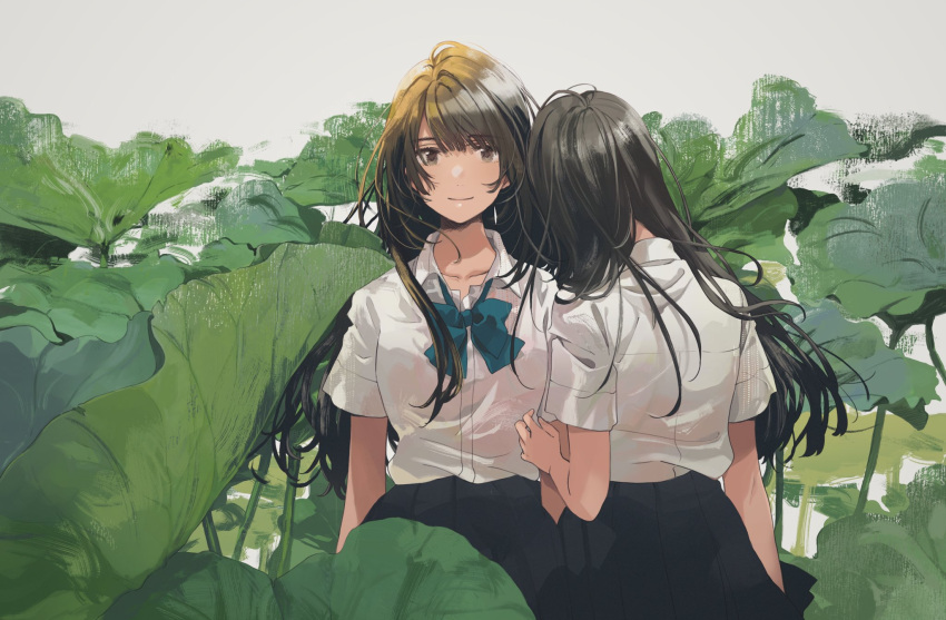 2girls bangs black_skirt blush bow bowtie brown_eyes brown_hair closed_mouth collared_shirt dress_shirt flower fly_(marguerite) green_bow hand_on_another's_arm hand_up highres long_hair looking_at_viewer lotus multiple_girls original plant school_uniform shirt short_sleeves skirt smile standing white_shirt
