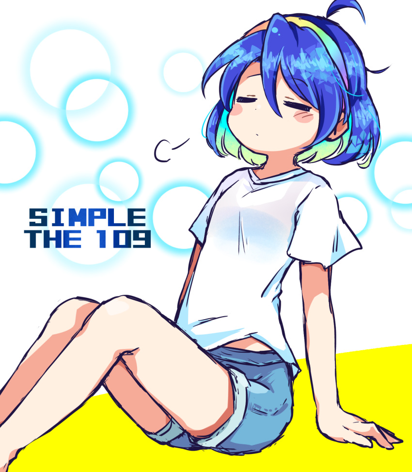 1girl ahoge alternate_costume blue_hair blue_shorts blush_stickers closed_mouth eyebrows_visible_through_hair feet_out_of_frame hair_between_eyes hairband highres multicolored_hairband pote_(ptkan) rainbow_gradient shirt short_hair short_sleeves shorts solo tenkyuu_chimata touhou white_shirt