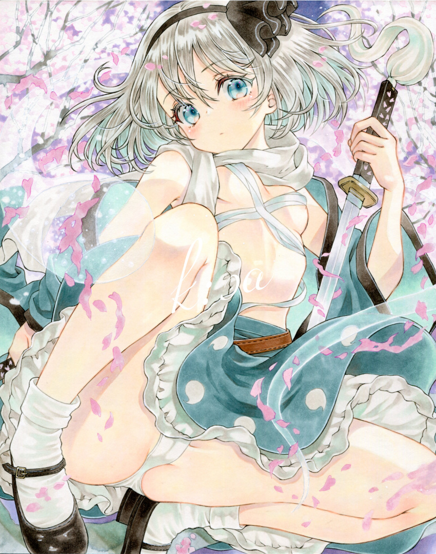 1girl absurdres black_footwear black_hairband blush breasts budget_sarashi cherry_blossoms hairband highres kisarush konpaku_youmu looking_at_viewer marker_(medium) mary_janes panties pantyshot petals ribbon sample_watermark sarashi shirt shoes short_hair silver_hair skirt small_breasts socks solo sword touhou traditional_media underwear vest weapon white_panties