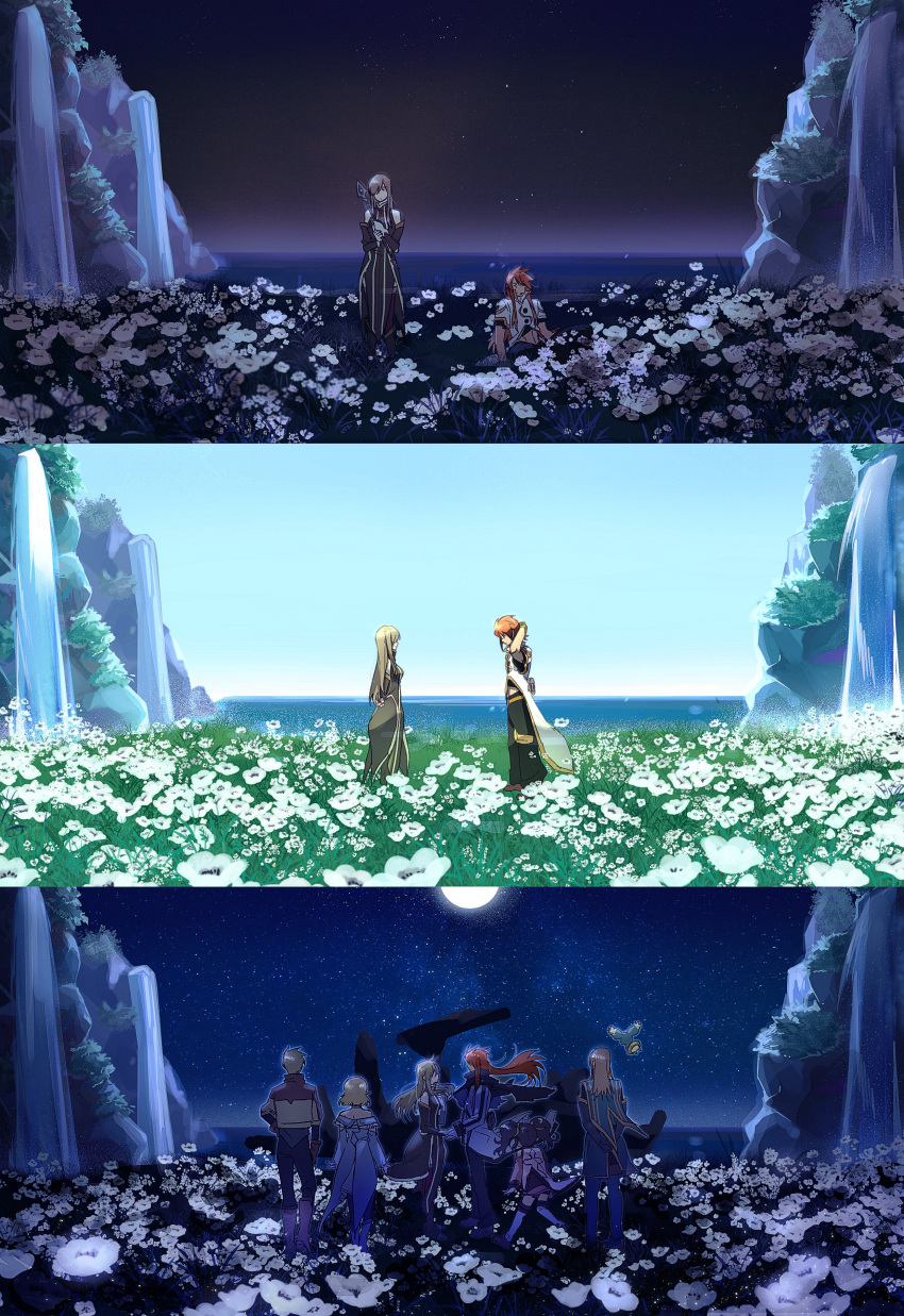 3boys 3girls absurdres anise_tatlin bangs bare_shoulders black_hair blonde_hair boots brown_hair clear_sky day day_and_night detached_sleeves dress field flower flower_field gloves guy_cecil highres holding holding_hands holding_weapon horizon jacket jade_curtiss long_hair looking_at_another luke_fon_fabre mieu moon moonlight mountain multiple_boys multiple_girls natalia_luzu_kimlasca_lanvaldear night night_sky ocean red_hair short_hair sky sleeveless sleeveless_dress staff tales_of_(series) tales_of_the_abyss tear_grants weapon yacht_king