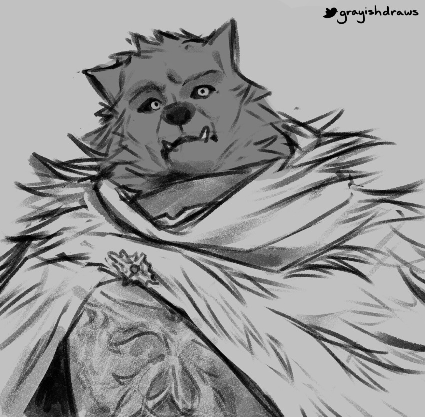 2022 anthro armor black_and_white black_sclera blaidd_(elden_ring) canid canine canis cloak clothing digital_media_(artwork) elden_ring fromsoftware fur grayish grey_body grey_fur hi_res male mammal monochrome portrait signature solo teeth underbite video_games wolf