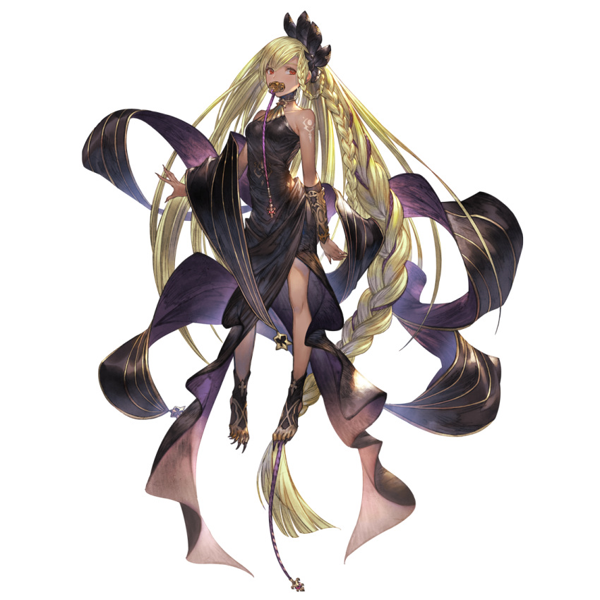 1girl arm_at_side bangs black_dress blonde_hair braid breasts dress floating granblue_fantasy long_hair long_toenails minaba_hideo official_art pacifier red_eyes shawl shoulder_tattoo sleeveless sleeveless_dress small_breasts solo tattoo third-party_source toenails transparent_background vambraces very_long_hair