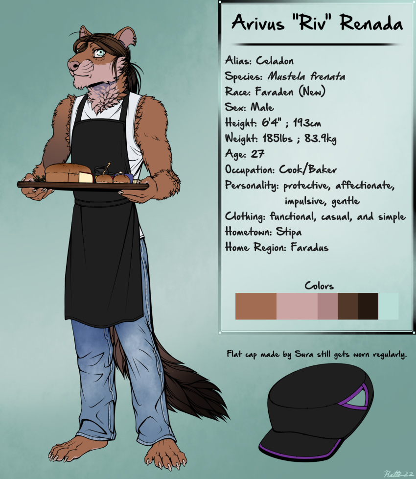 2022 anthro apron biped bottomwear bread claws clothed clothing conditional_dnp denim denim_clothing digital_media_(artwork) ear_piercing english_text faraden fluffy food fully_clothed fur hat headgear headwear hi_res jeans legacy long-tailed_weasel looking_at_viewer male mammal model_sheet mustela mustelid musteline new_faraden pants piercing ratte riv_(ratte) signature smile solo text topwear true_musteline