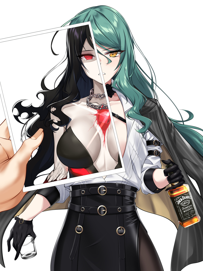 absurdres alcohol arm_belt bangs belt_buckle black_choker black_gloves black_hair black_legwear black_skirt bottle breasts buckle chain_necklace chest_jewel chest_strap choker cleavage coat coat_on_shoulders collarbone collared_shirt commentary_request corruption counter:side cowboy_shot cup drinking_glass dual_persona elze_(s01047480836) empty_eyes eyebrows_visible_through_hair glass_bottle glint gloves green_hair hair_between_eyes half_gloves highres holding holding_bottle holding_cup holding_photo jack_daniel's korean_commentary lapel long_hair looking_at_viewer medium_breasts ministra open_clothes open_shirt pale_skin pantyhose parted_bangs parted_lips partially_unbuttoned photo_(object) pinstripe_pattern pov pov_hands product_placement red_eyes rita_arsenico shaded_face shiny shiny_hair shirt side_slit sidelocks simple_background single_bare_shoulder skirt sleeves_past_elbows split_theme spoilers striped swept_bangs tsurime wavy_hair whiskey white_background