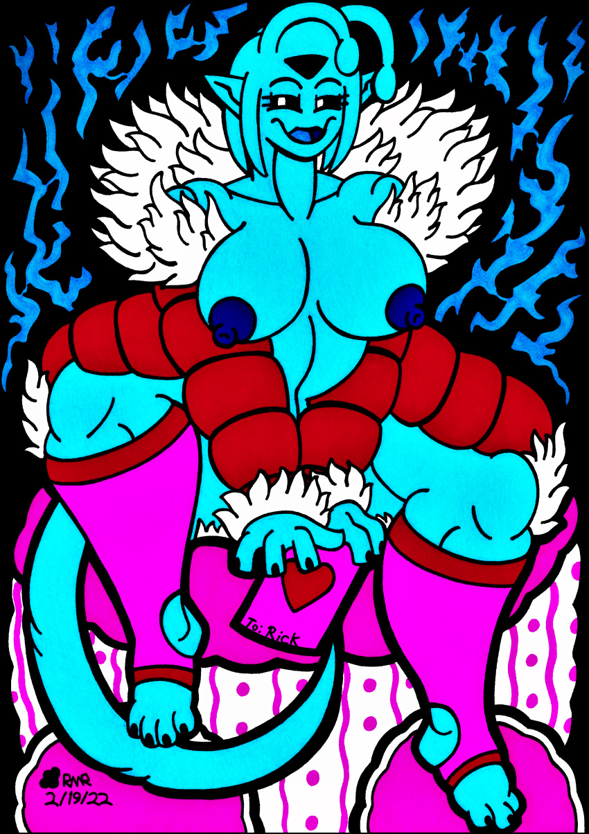 2022 4_fingers 4_toes absurd_res alien antennae_(anatomy) azali_starline_(character) bed bedroom bedroom_eyes black_nails black_sclera blue_body blue_nipples blue_skin blue_tongue breasts cleavage clothed clothing coat colored_nails curvaceous curvy_figure electricity electricity_manipulation elemental_manipulation exposed_breasts fangs feet female fingernails fingers footwear furniture hi_res holidays humanoid humanoid_feet humanoid_pointy_ears knee_highs knee_socks legwear long_tail mostly_nude nails narrowed_eyes neck_tuft nipples nude on_bed pinup pose pseudo_hair seductive short_stack sitting sitting_on_bed socks soldier solo tentacle_hair tentacles thegrumpiestpanda_(artist) thick_thighs toenails toes tongue topwear traditional_media_(artwork) tuft valentine's_day valentines_day_card voluptuous warrior white_eyes wide_hips