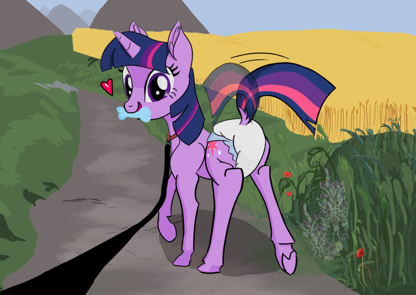 &lt;3 butt collar diaper drasill equid equine female feral first_person_view friendship_is_magic fur happy hi_res horn leash leashed_pov mammal my_little_pony petplay purple_body purple_fur rear_view roleplay solo tail_motion tailwag twilight_sparkle_(mlp) unicorn