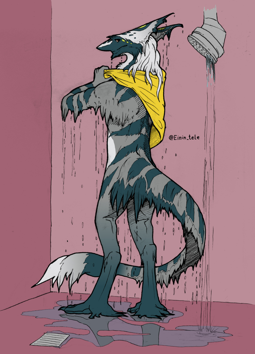 absurd_res anthro brown_eyes claws digital_drawing_(artwork) digital_media_(artwork) dripping einin feet fur green_body green_fur grey_body grey_fur hair hi_res long_legs long_tail looking_at_viewer looking_back male mammal markings nude puddle rear_view relaxing ren_(disambiguation) sergal shower shower_head showering signature simple_background small_waist smile solo standing towel water wet wet_body wet_fur white_body white_fur yellow_body yellow_fur yellow_markings