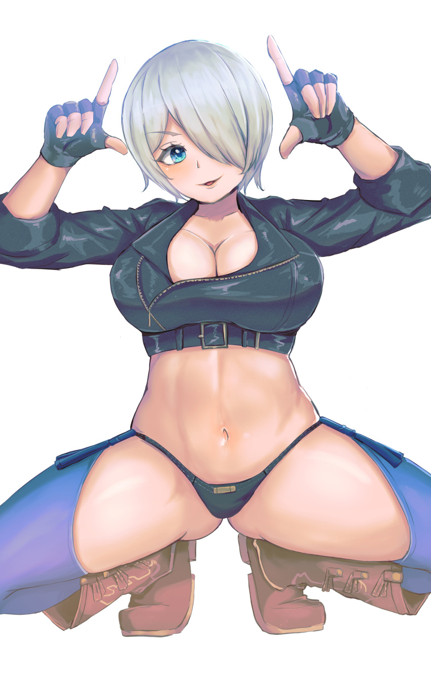 1girl absurdres angel_(kof) black_jacket boots bra breasts chaps cowboy_boots cropped_jacket finger_horns fingerless_gloves gloves hair_over_one_eye highres index_fingers_raised jacket large_breasts leather leather_jacket looking_at_viewer midriff navel omurainu snk strapless strapless_bra the_king_of_fighters the_king_of_fighters_2001 the_king_of_fighters_xiv the_king_of_fighters_xv toned underwear