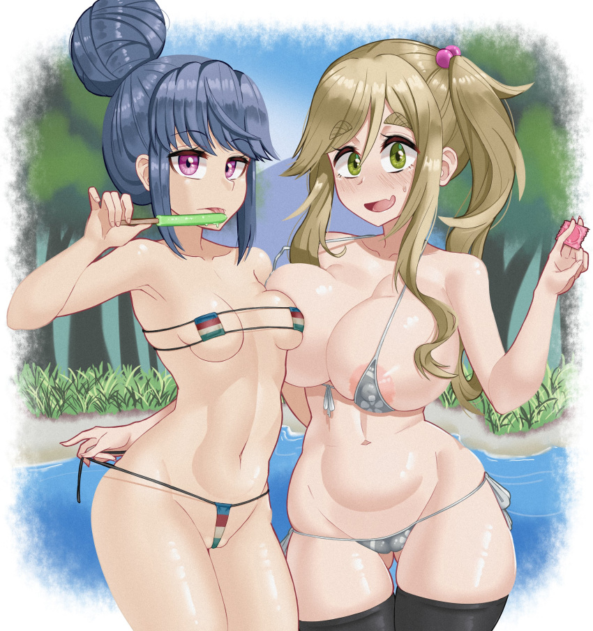 2girls absurdres areola_slip areolae ass_visible_through_thighs asymmetrical_legwear bangs bare_shoulders bikini black_legwear blush breasts cleavage closed_mouth collarbone commission condom eyebrows_visible_through_hair eyepatch_bikini fang food green_eyes green_hair hair_bun highres holding holding_condom holding_food inuyama_aoi large_breasts long_hair looking_at_viewer micro_bikini multiple_girls navel open_mouth popsicle shima_rin shiny shiny_skin short_hair side_ponytail sidelocks skin_fang small_breasts smile swept_bangs swimsuit thick_eyebrows thighhighs tongue tongue_out young_savage yurucamp