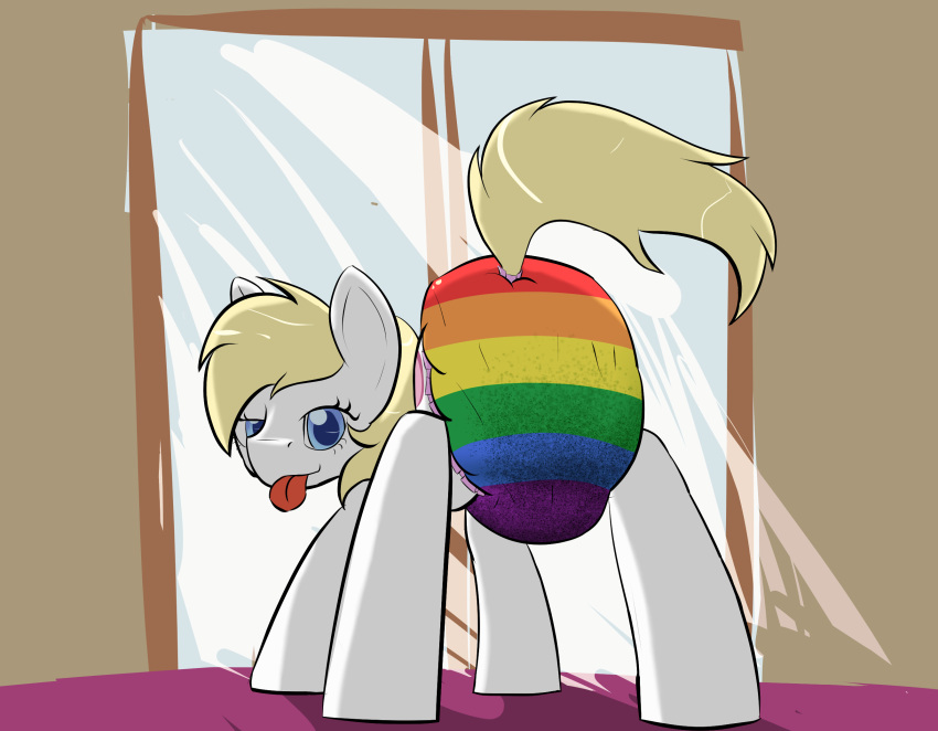 aryanne_(character) blonde_hair blue_eyes clothing diaper diaper_fetish earth_pony equid equine hair hi_res horse lgbt_pride looking_at_viewer looking_back looking_back_at_viewer mammal my_little_pony pony pride_color_clothing pride_colors rainbow_flag rainbow_pride_flag rainbow_symbol tongue unknown_artist