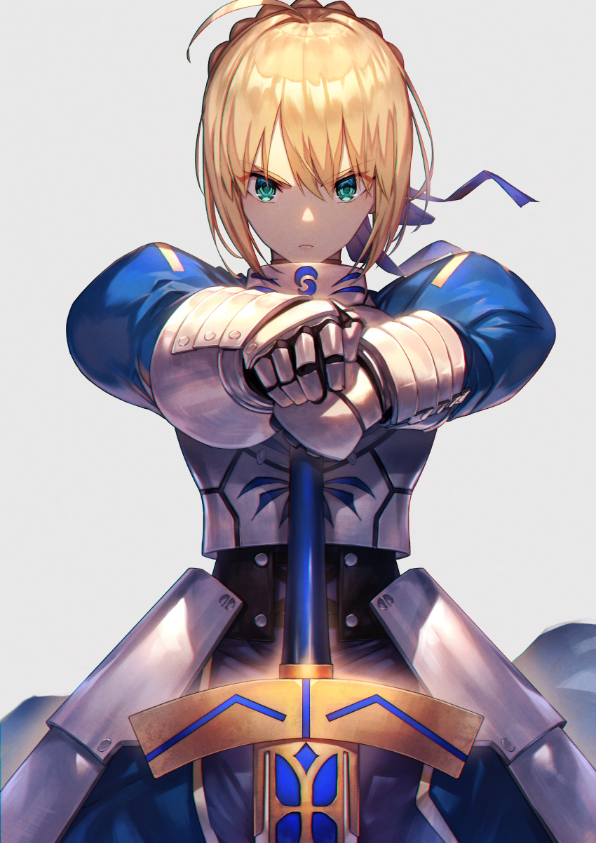 1girl absurdres ahoge armor armored_dress artoria_pendragon_(fate) bangs blonde_hair blue_dress braid breastplate breasts dress excalibur_(fate/stay_night) fate/stay_night fate_(series) faulds french_braid gauntlets green_eyes hair_ribbon highres juliet_sleeves long_hair long_sleeves looking_at_viewer medium_breasts nakanishi_tatsuya puffy_sleeves ribbon saber solo sword weapon