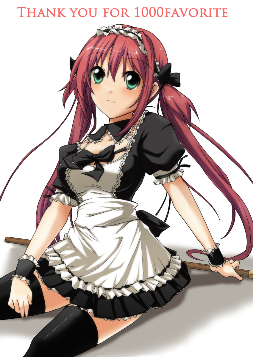 1girl airi_(queen's_blade) airi_(the_infernal_temptress) apron bangs black_bow black_dress black_legwear black_ribbon blue_eyes bow bowtie breasts cleavage collar commentary_request detached_collar dress frilled_dress frilled_sleeves frills hair_ribbon highres large_breasts long_hair looking_at_viewer maid maid_apron maid_headdress medium_breasts puffy_short_sleeves puffy_sleeves queen's_blade red_hair ribbon sash shadow shinjitsu_(true_ride) short_sleeves sidelocks sitting smile solo thank_you thighhighs twintails two_side_up waist_apron white_apron white_sash wrist_cuffs