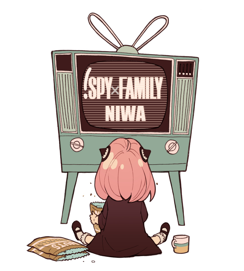 1girl absurdres ahoge anya_(spy_x_family) black_dress black_footwear bobby_socks crumbs cup dress endou_tatsuya english_text facing_away hair_ornament highres mary_janes medium_hair mug peanut shoes simple_background sitting socks solo spy_x_family television watching_television white_background white_legwear wrapper