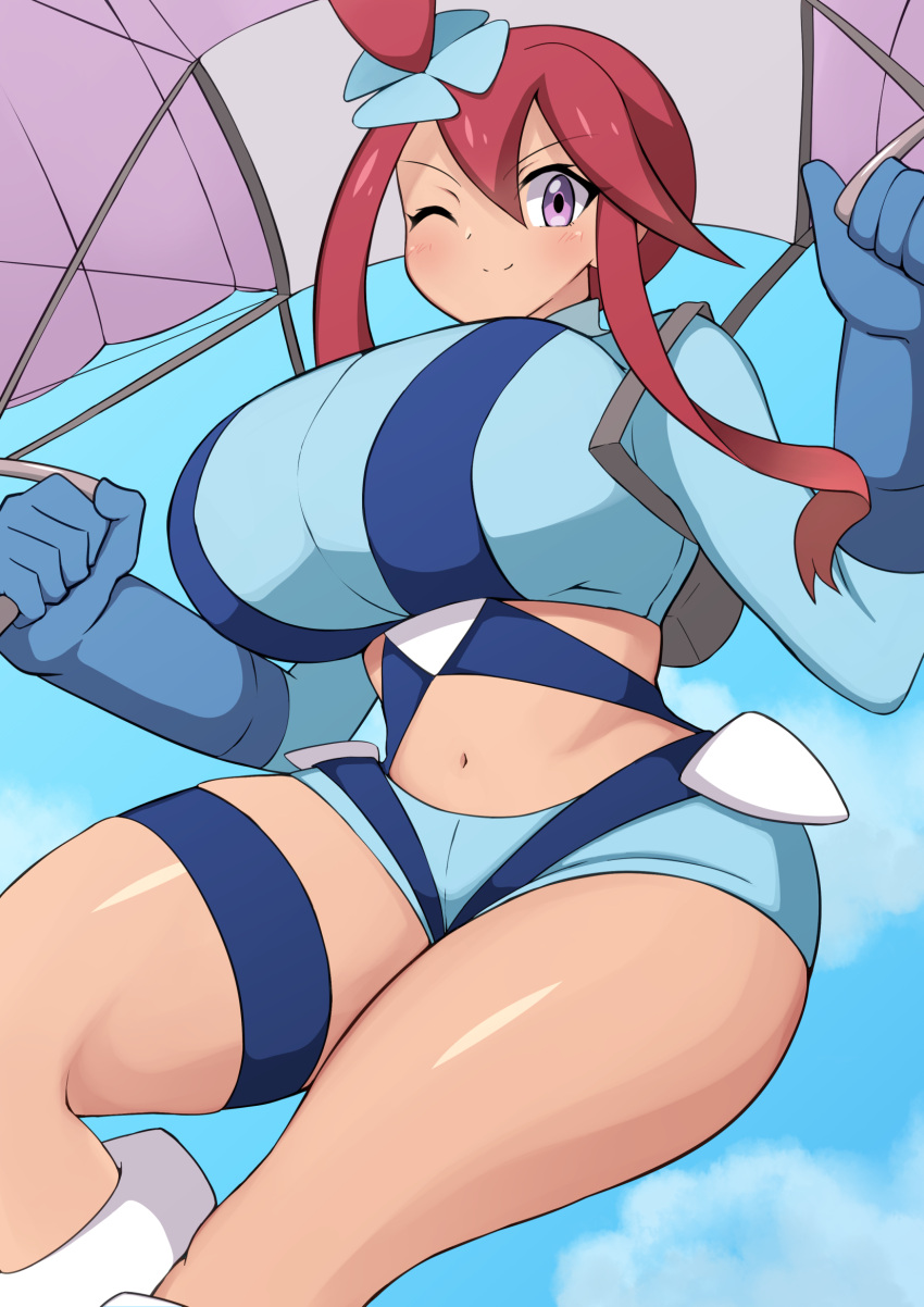 1girl blue_gloves blue_jacket blue_shorts breasts cropped_jacket gloves hair_ornament highres huge_breasts jacket jaga334 midriff one_side_up pokemon purple_eyes red_hair short_hair_with_long_locks short_shorts shorts sidelocks skyla_(pokemon) solo thigh_pouch turtleneck