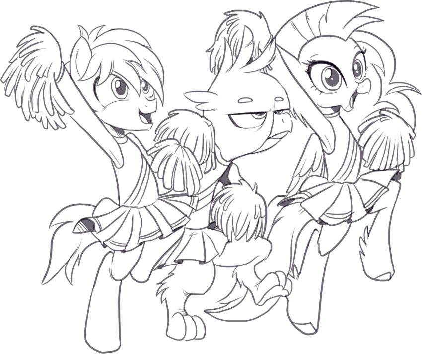 annoyed avian beak cheerleader clothed clothing crossdressing earth_pony equid equine european_mythology feathered_wings feathers female feral friendship_is_magic gallus_(mlp) greek_mythology group gryphon half-closed_eyes hippogriff horse male mammal monochrome my_little_pony mythological_avian mythology narrowed_eyes nauyaco pom_poms pony sandbar_(mlp) silverstream_(mlp) trio wings