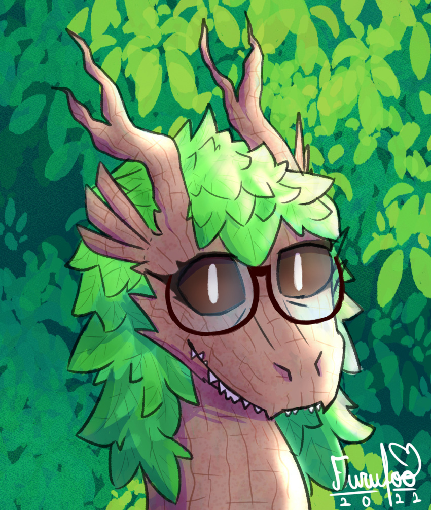 anthro dark_sclera dinosaur elemental_creature eyewear fan_character flora_fauna folicoatl glasses hi_res horn plant portrait profile reptile scalie smile species teeth